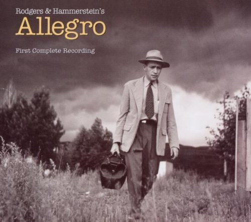 The soundtrack cover for Rogers & Hammerstein's "Allegro" featuring a man holding a suitcase walking through a field.