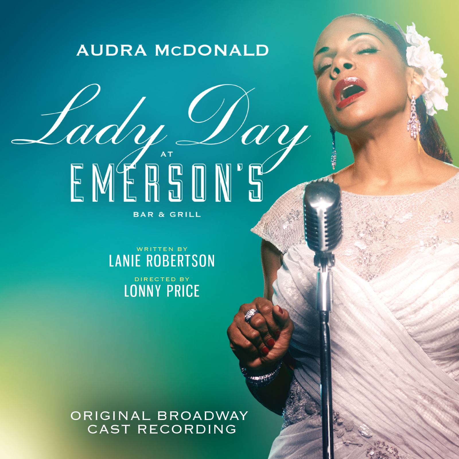 The album cover for the movie "Lady Day at Emerson's Bar & Grill" featuring Audra McDonald as Billie Holiday wearing a white dress, singing into an old style microphone.