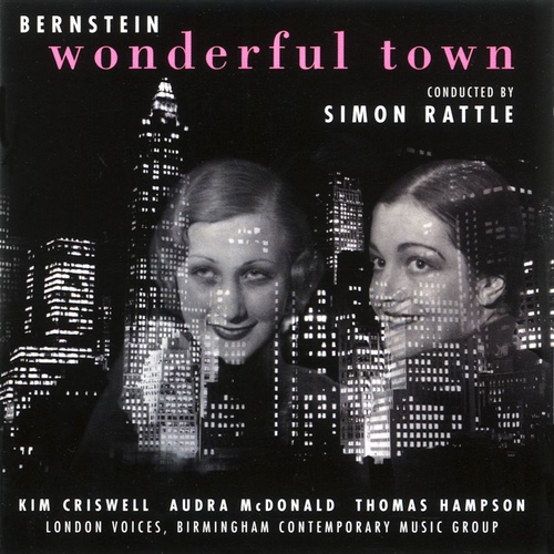 The cover for Bernstein's "Wonderful Town" soundtrack featuring two women in front of a city skyline at night.
