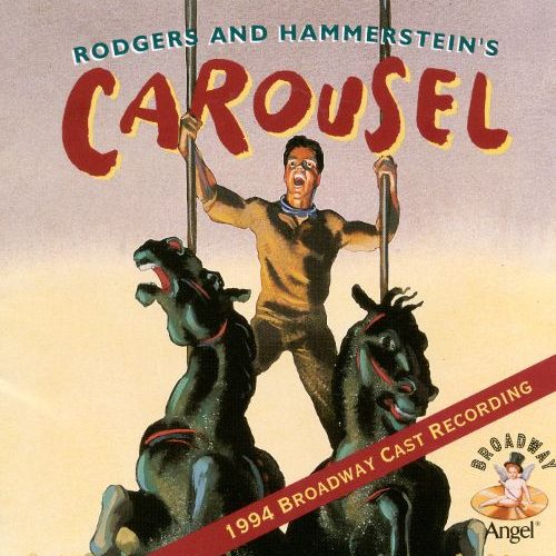 The cover for the soundtrack to Roger and Hammerstein's "Carousel" featuring an animation of a man straddling two carousel horses and yelling.