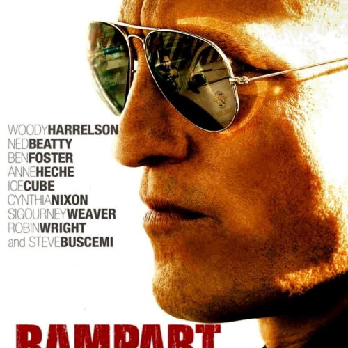 A poster for the movie Rampart, featuring Woody Harrelson in aviator sunglasses with a city skyline in the background.
