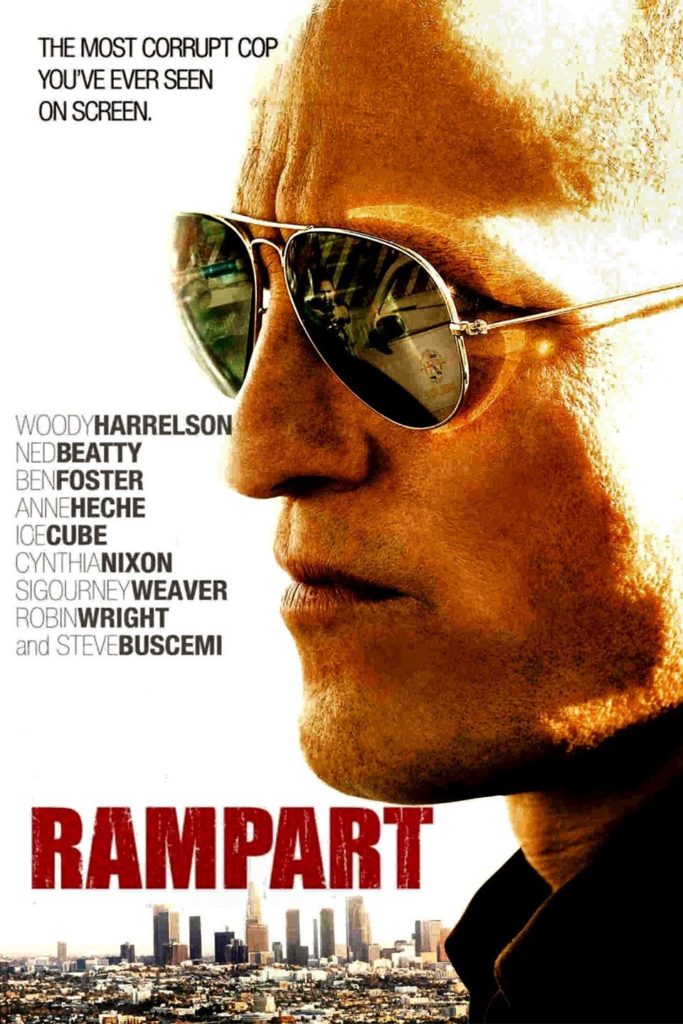 A poster for the movie Rampart, featuring Woody Harrelson in aviator sunglasses with a city skyline in the background.