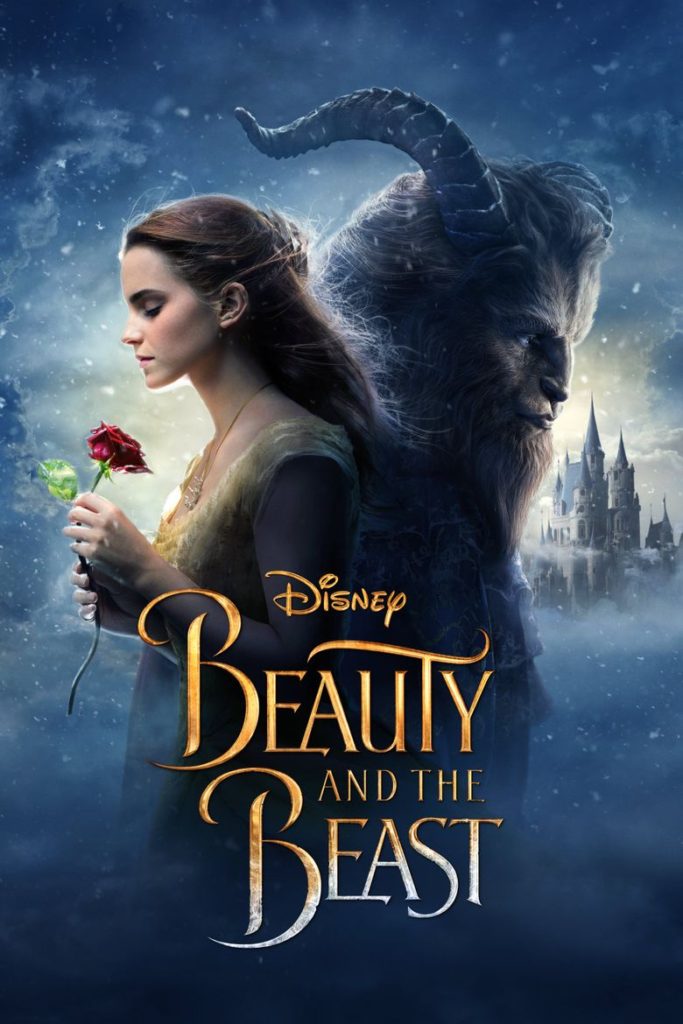 A poster for "Beauty and the Beast" featuring Belle holding a rose and the beast, with a castle in the background.